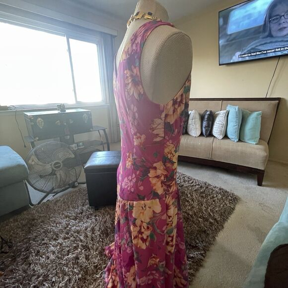 Covington Womans Babydoll Maxi Dress Pink Multi Floral Sleeveless Sheer Fairy 14 - Picture 11 of 16